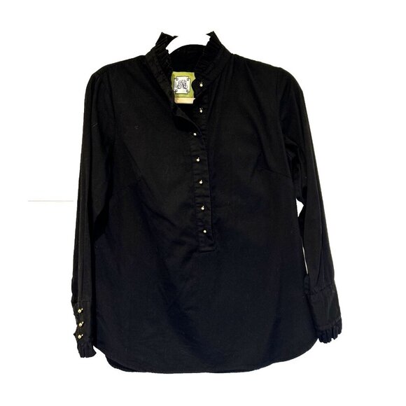 Elizabeth McKay Womens 8 Black Blouse Ruffle Neck‎ Gold Buttons Tuxedo Style - Picture 1 of 10